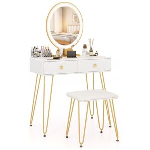Costway - Vanity Table & Stool Set Bedroom Mirrored Makeup Dressing Table Desk