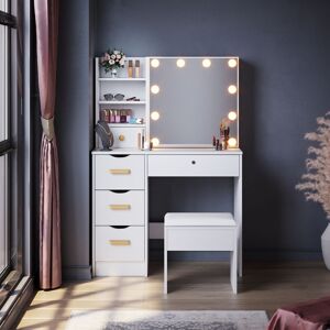 Elegant - Modern Sliding Mirror Dressing Table 5 Drawers Bedroom White Makeup Desk Vanity Set with Stool and led Mirror Lights