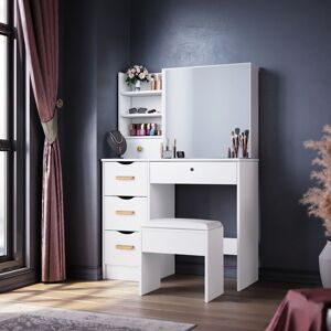 Elegant - Modern Sliding Mirror Dressing Table 5 Drawers Bedroom White Makeup Desk Vanity Set with Stool