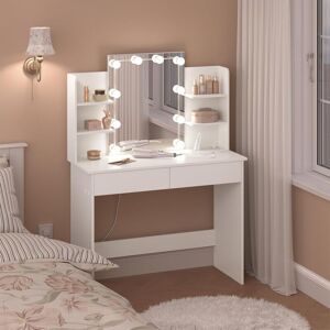 Dressing Table, Makeup Dressing Table with led Lights, Vanity Make-up Desk with 2 Drawers, White - Woltu