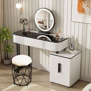 Dressing Table & Mirror Set 4 Drawer, Stool, W/Side Cabinet, White+Black - Woltu