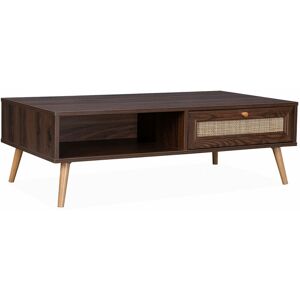 Sweeek - Coffee table with wood and cane effect, Boheme, Dark wood colour, 110x59x39 cm
