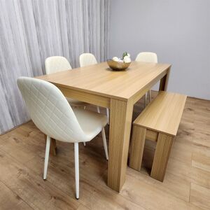 Kosy Koala - Wooden Dining Table Set for 6 Oak Effect Table With 4 Cream Gem Patterned Chairs and 1 Bench