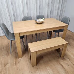 Kosy Koala - Wooden Dining Table Set for 6 Oak Effect Table With 4 Grey Gem Patterned Chairs and 1 Bench