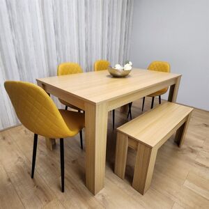 Kosy Koala - Wooden Dining Table Set for 6 Oak Effect Table With 4 Mustard Gem Patterned Chairs and 1 Bench