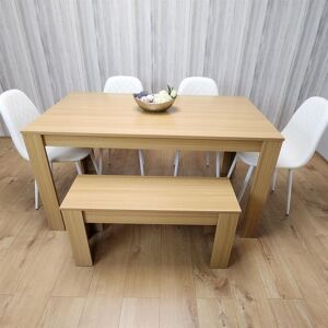 Kosy Koala - Wooden Dining Table Set for 6 Oak Effect Table With 4 White Gem Patterned Chairs and 1 Bench