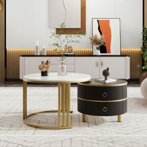 ABRIHOME 2-in-1 MDF round coffee table and 1 side table with white marble top, 707046 + 505040 cm (White and Grey) ABRIHOME 2-in-1 MDF round coffee table and 1 side table with white marble top, 707046 + 505040 cm (White and Grey)