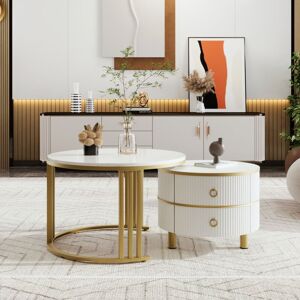 ABRIHOME 2-in-1 MDF round coffee table and 1 side table with white marble top, 707046 + 505040 cm (White) ABRIHOME 2-in-1 MDF round coffee table and 1 side table with white marble top, 707046 + 505040 cm (White)