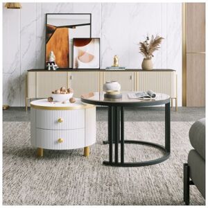 Dewdat - 2 in 1 Round mdf Coffee Table, Side Table with 1 Marble Effect and 1 Brown Tempered Glass Top, 2 Drawers Coffee Table Combo for Living Room, Dewdat - 2 in 1 Round mdf Coffee Table, Side Table with 1 Marble Effect and 1 Brown Tempered Glass Top, 2 Drawers Coffee Table Combo for Living Room,