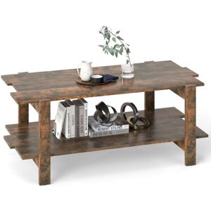 Costway - 2-Tier Coffee Table Slatted Wood Center Table with Storage Shelf-Walnut Costway - 2-Tier Coffee Table Slatted Wood Center Table with Storage Shelf-Walnut