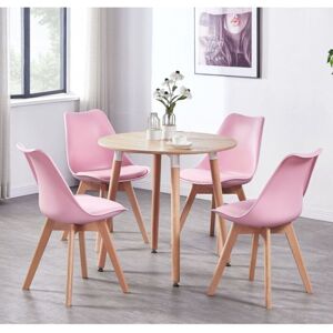 LIFE INTERIORS Halo Round Lorenzo Dining Set - an Oak Wooden Dining Table and Set of 4 Pink Polypropylene Dining Chairs - Dining Room Kitchen LIFE INTERIORS Halo Round Lorenzo Dining Set - an Oak Wooden Dining Table and Set of 4 Pink Polypropylene Dining Chairs - Dining Room Kitchen