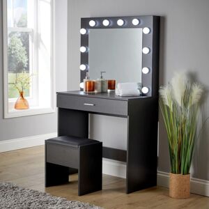 HOME SOURCE Black Dressing Table with Stool LED Lights Makeup Vanity Desk Set Conveniet HOME SOURCE Black Dressing Table with Stool LED Lights Makeup Vanity Desk Set Conveniet