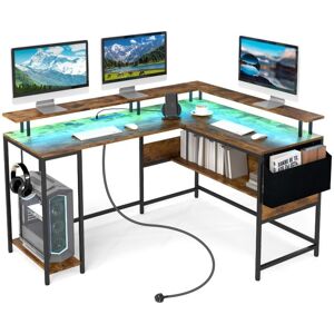 Costway - L-Shaped Gaming Desk Computer Desk w/LED Lights & Power Outlets-Brown Costway - L-Shaped Gaming Desk Computer Desk w/LED Lights & Power Outlets-Brown