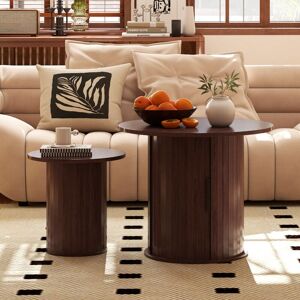 Cosvalve - 60CM Nesting Coffee Table Set of 2 with Hidden Storage & Sliding Door, Round Circle Wood Coffee Table, Farmhouse Side & End Table Sets for Cosvalve - 60CM Nesting Coffee Table Set of 2 with Hidden Storage & Sliding Door, Round Circle Wood Coffee Table, Farmhouse Side & End Table Sets for
