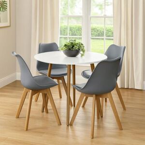 Kosy Koala - Dining Table and 4 Chairs White Round Wood Table 4 Grey Plastic Leather Chairs Dining Room Furniture Kosy Koala - Dining Table and 4 Chairs White Round Wood Table 4 Grey Plastic Leather Chairs Dining Room Furniture