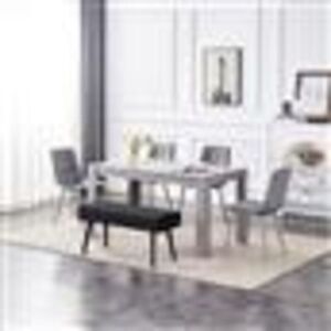 KOSY KOALA Dining Table and 4 Chairs With Bench Black 4 Grey Velvet Chairs Wood Table Dining Set Furniture KOSY KOALA Dining Table and 4 Chairs With Bench Black 4 Grey Velvet Chairs Wood Table Dining Set Furniture