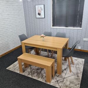 Kosy Koala - Dining Table and 4 Chairs With Bench Oak Effect Wood 4 Grey Plastic Leather Chairs Dining Room Kosy Koala - Dining Table and 4 Chairs With Bench Oak Effect Wood 4 Grey Plastic Leather Chairs Dining Room