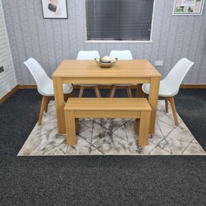 Kosy Koala - Dining Table and 4 Chairs With Bench Oak Effect Wood 4 White Plastic Leather Chairs Dining Room Kosy Koala - Dining Table and 4 Chairs With Bench Oak Effect Wood 4 White Plastic Leather Chairs Dining Room