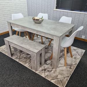 Kosy Koala - Dining Table and 4 Chairs With Bench Stone Grey Effect Wood Table 4 White Plastic Leather Chairs Dining Room Kosy Koala - Dining Table and 4 Chairs With Bench Stone Grey Effect Wood Table 4 White Plastic Leather Chairs Dining Room