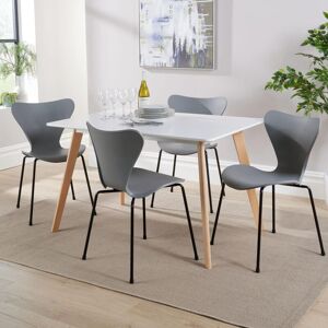 Home Source - Dining Table Set 120cm White Top Wooden Legs 4 Curved Plastic Metal Grey Chairs Home Source - Dining Table Set 120cm White Top Wooden Legs 4 Curved Plastic Metal Grey Chairs