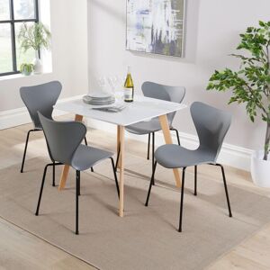 Home Source - Dining Table Set 80cm White Top Wooden Legs 4 Curved Plastic Grey Metal Chairs Home Source - Dining Table Set 80cm White Top Wooden Legs 4 Curved Plastic Grey Metal Chairs