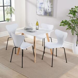 Home Source - Dining Table Set 80cm White Top Wooden Legs 4 Curved Plastic White Metal Chairs Home Source - Dining Table Set 80cm White Top Wooden Legs 4 Curved Plastic White Metal Chairs