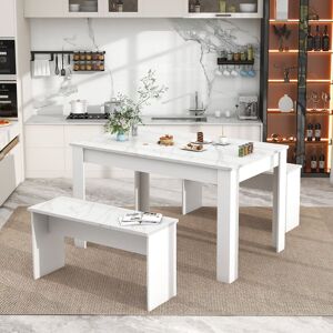 MERAX 3 Pcs Dining Set, Dining Table with 2 benches Dining Table Set White MERAX 3 Pcs Dining Set, Dining Table with 2 benches Dining Table Set White