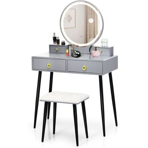 Costway - Dressing Vanity Table Set Makeup Desk Mirror And Stool w/3-Color led Light Costway - Dressing Vanity Table Set Makeup Desk Mirror And Stool w/3-Color led Light