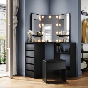 Elegant - Bedroom Furniture Corner Dressing Table Makeup Desk with 3 Large Mirrors 5 Drawers, Black Dresser Set with Stool + led Mirror Lights Elegant - Bedroom Furniture Corner Dressing Table Makeup Desk with 3 Large Mirrors 5 Drawers, Black Dresser Set with Stool + led Mirror Lights