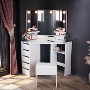 Elegant - Bedroom Furniture Corner Dressing Table Makeup Desk with 3 Large Mirrors 5 Drawers, White Dresser Set with Stool + led Mirror Lights Elegant - Bedroom Furniture Corner Dressing Table Makeup Desk with 3 Large Mirrors 5 Drawers, White Dresser Set with Stool + led Mirror Lights