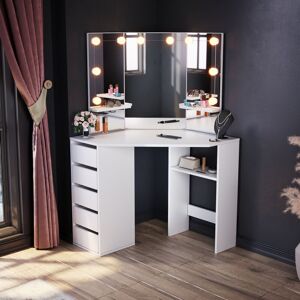 Elegant - Bedroom Furniture Corner Dressing Table Makeup Desk with 3 Large Mirrors 5 Drawers, White Dresser Single Table + led Mirror Lights Elegant - Bedroom Furniture Corner Dressing Table Makeup Desk with 3 Large Mirrors 5 Drawers, White Dresser Single Table + led Mirror Lights