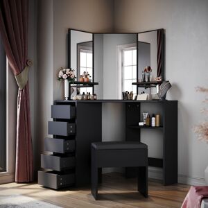 Elegant - Bedroom Furniture Corner Dressing Table Makeup Desk with 3 Large Mirrors 5 Drawers, Black Dresser Set with Stool Elegant - Bedroom Furniture Corner Dressing Table Makeup Desk with 3 Large Mirrors 5 Drawers, Black Dresser Set with Stool