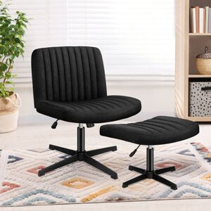 Elfordson - Cross Legged Office Chair with Ottoman, Wide Seat Armless Desk Chairs No Wheels Mid-back, Linen, Black Elfordson - Cross Legged Office Chair with Ottoman, Wide Seat Armless Desk Chairs No Wheels Mid-back, Linen, Black