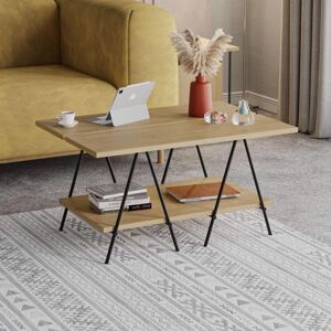Fwstyle - Natural Oak Coffee Table Black Metal Frame 2 Tier Scratch Resistant Fwstyle - Natural Oak Coffee Table Black Metal Frame 2 Tier Scratch Resistant