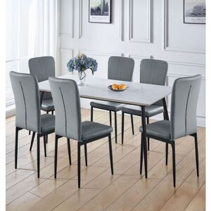 Hallowood Furniture Cullompton Large Dining Table and Chairs Set 6, White Marble Effect Top and Black Metal Legs Kitchen Table (160 x 80cm) and Grey Hallowood Furniture Cullompton Large Dining Table and Chairs Set 6, White Marble Effect Top and Black Metal Legs Kitchen Table (160 x 80cm) and Grey
