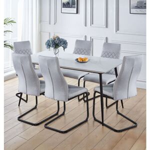 Hallowood Furniture - Cullompton Large Dining Table and Chairs Set 6, White Marble Effect Top and Black Metal Legs KItchen Table and Light Grey Hallowood Furniture - Cullompton Large Dining Table and Chairs Set 6, White Marble Effect Top and Black Metal Legs KItchen Table and Light Grey