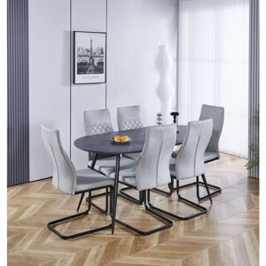 Hallowood Furniture - Cullompton Large Dining Table and Chairs Set of 6, Grey Marble Effect Top Oval Dining Table and High-Backrest Grey Fabric Hallowood Furniture - Cullompton Large Dining Table and Chairs Set of 6, Grey Marble Effect Top Oval Dining Table and High-Backrest Grey Fabric