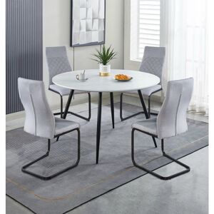 Hallowood Furniture - Cullompton Large Round Dining Table and Chairs Set 4, White Marble Effect Kitchen Table with Grey High Back Fabric Dining Hallowood Furniture - Cullompton Large Round Dining Table and Chairs Set 4, White Marble Effect Kitchen Table with Grey High Back Fabric Dining