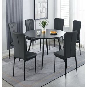 Hallowood Furniture - Cullompton Round Dining Table and Chairs Set 6, Large Black Wooden Effect Dining Table (120cm) & Black Faux Leather High Back Hallowood Furniture - Cullompton Round Dining Table and Chairs Set 6, Large Black Wooden Effect Dining Table (120cm) & Black Faux Leather High Back