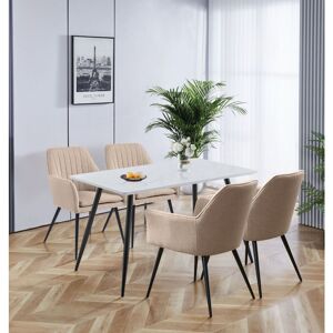 Hallowood Furniture - Cullompton Small Dining Table and Chairs Set 4, White Marble Effect Dining Table (120x70cm) and Light Brown Fabric Chairs with Hallowood Furniture - Cullompton Small Dining Table and Chairs Set 4, White Marble Effect Dining Table (120x70cm) and Light Brown Fabric Chairs with