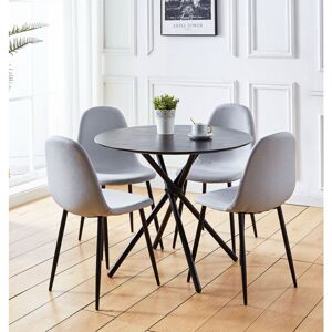 Hallowood Furniture - Cullompton Small Dining Table and Chairs Set 4, Round Dining Table & Grey Fabric Chairs, Black Wooden Effect Top Table & Hallowood Furniture - Cullompton Small Dining Table and Chairs Set 4, Round Dining Table & Grey Fabric Chairs, Black Wooden Effect Top Table &
