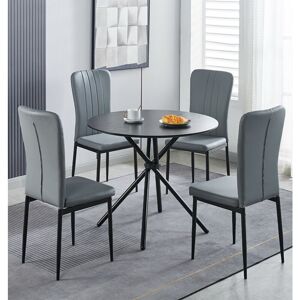 Hallowood Furniture Cullompton Small Round Dining Table and Chairs Set 4, Black Dining Table with Wooden Effect Top & Light Grey Faux Leather Chairs, Hallowood Furniture Cullompton Small Round Dining Table and Chairs Set 4, Black Dining Table with Wooden Effect Top & Light Grey Faux Leather Chairs,