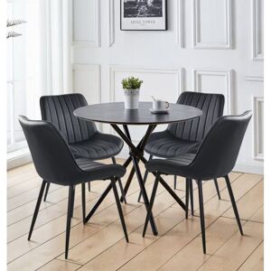 Hallowood Furniture Cullompton Small Round Dining Table and Chairs Set 4, Black Kitchen Table with Wooden Effect Top & Black Bonded Leather Dining Hallowood Furniture Cullompton Small Round Dining Table and Chairs Set 4, Black Kitchen Table with Wooden Effect Top & Black Bonded Leather Dining