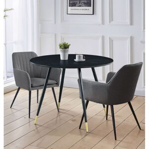 Hallowood Furniture - Finley Small Round Dining Table and Chairs Set 2, Black Kitchen Table and Dark Grey Fabric Chairs with Armrest, Set for Home, Hallowood Furniture - Finley Small Round Dining Table and Chairs Set 2, Black Kitchen Table and Dark Grey Fabric Chairs with Armrest, Set for Home,