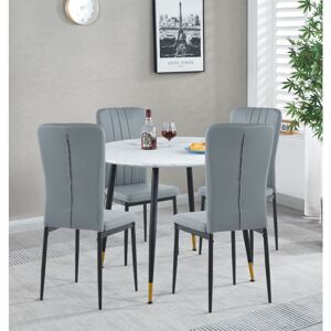 Hallowood Furniture - Finley Small Round Dining Table and Chairs Set of 4, White Marble Effect Kitchen Table and Grey Faux Leather Chairs, Dining Hallowood Furniture - Finley Small Round Dining Table and Chairs Set of 4, White Marble Effect Kitchen Table and Grey Faux Leather Chairs, Dining
