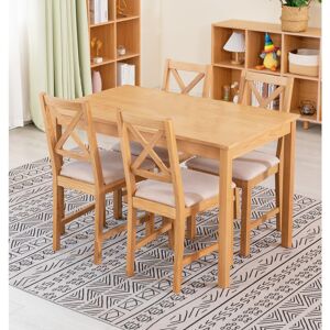 Hallowood Furniture - Waverly Oak Small Dining Table and Chairs Set 4, Wooden Table (120x70cm) & Cross Back Solid Oak Chairs w/ Beige Seat, Dining Hallowood Furniture - Waverly Oak Small Dining Table and Chairs Set 4, Wooden Table (120x70cm) & Cross Back Solid Oak Chairs w/ Beige Seat, Dining