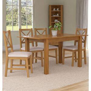Hallowood Furniture - Camberley Oak Butterfly Extendable Dining Table and Chairs Set 4, Wooden Kitchen Table with Cross Back Chairs in Beige Fabric Hallowood Furniture - Camberley Oak Butterfly Extendable Dining Table and Chairs Set 4, Wooden Kitchen Table with Cross Back Chairs in Beige Fabric