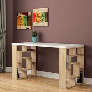 Decortie - Labirent Modern Desk With Bookshelf Legs - White / Oak - Oak Decortie - Labirent Modern Desk With Bookshelf Legs - White / Oak - Oak