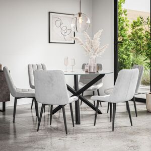 MORE4HOMES Malvern Round Dining Table And Chairs - Clear Glass Table Top w Solid Black Oak Legs + Nova Velvet Dining Chair Set Of 6 (Grey) MORE4HOMES Malvern Round Dining Table And Chairs - Clear Glass Table Top w Solid Black Oak Legs + Nova Velvet Dining Chair Set Of 6 (Grey)