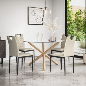MORE4HOMES Malvern Round Dining Table And Chairs - Clear Glass Table Top w Solid Oak Legs + Monza Fabric Dining Chair Set Of 4 (Beige) MORE4HOMES Malvern Round Dining Table And Chairs - Clear Glass Table Top w Solid Oak Legs + Monza Fabric Dining Chair Set Of 4 (Beige)